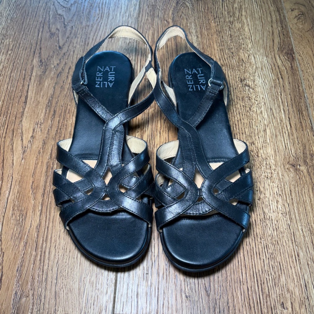 Naturalizer Nella Black Leather Strappy Slingback Wedge Sandals Womens 10M